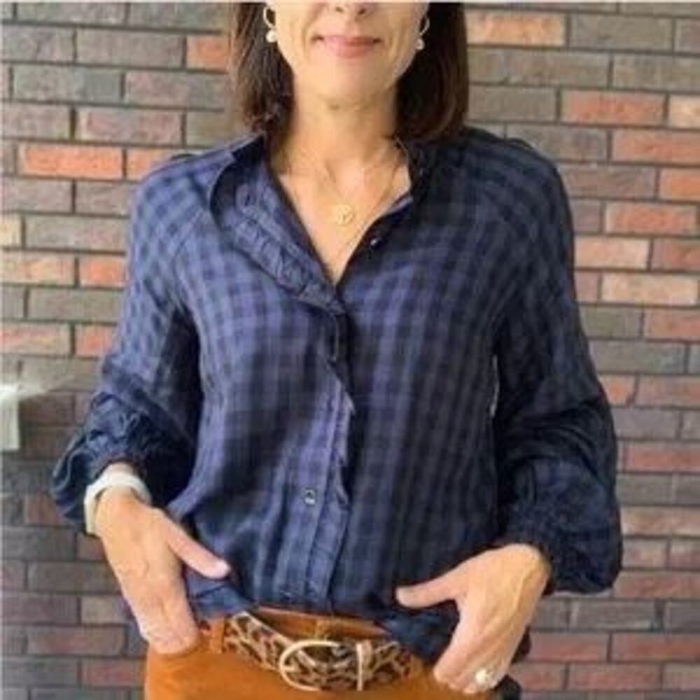 CAbi Navy & Black Plaid Aberdeen Blouse Sz S, Romantic/Career/Casual/Victorian